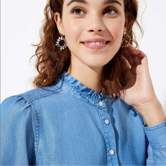 LOFT Chambray Shirt with Ruffles NWOT - Picture 3 of 5